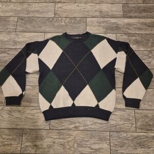 VTG New River Argyle Knit Sweater XL Green Navy White Oversized Academia